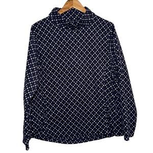 Lands' End Mock Neck Fleece Pullover XL Navy Blue White Polka Dots